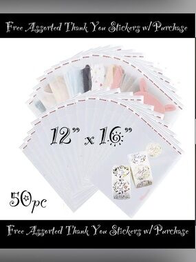 12 x 16” Large Resealable Cellophane Bags 50ct W/50-Free Thank You Stickers 🌿🆕🌿